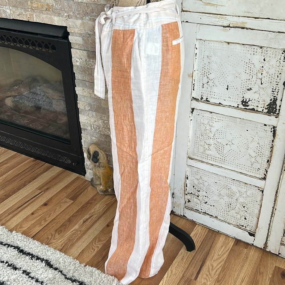 Ett:twa by Anthropologie orange stripe tie waist zip close 100% linen pants - Picture 7 of 16
